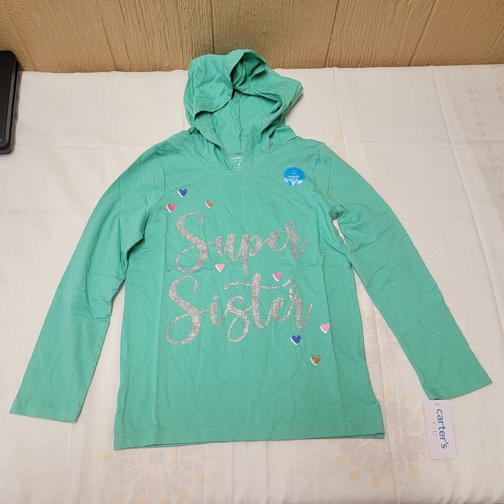 Carter's Girls Super Sister Hoodie Long Sleeve t-Shirt Sz 8 Turquoise